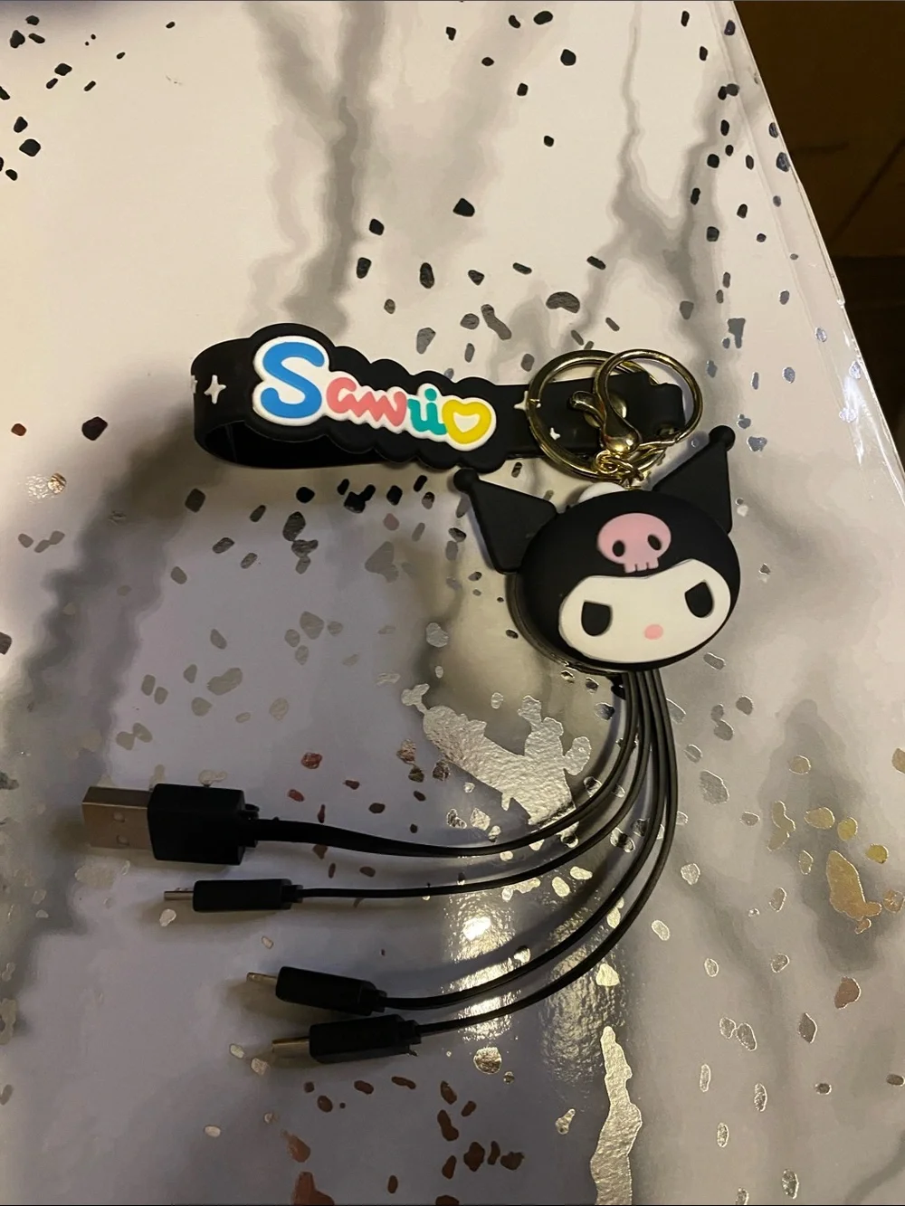 Sanrio Kuromi Black Keychain Charger with Multicolor Logo Strap